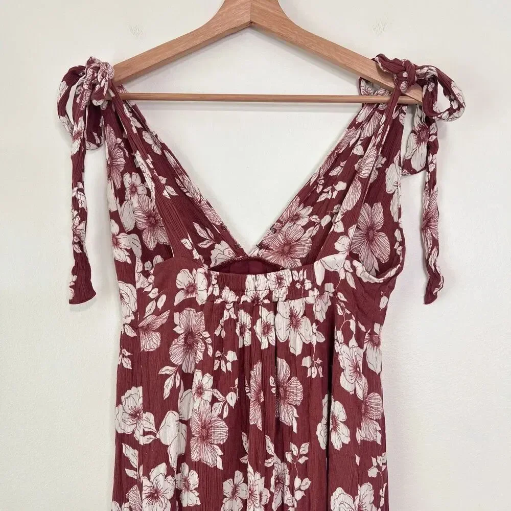 Abercrombie & Fitch Floral Maxi Tie Strap Dress Size M Brown Open Back Tiered